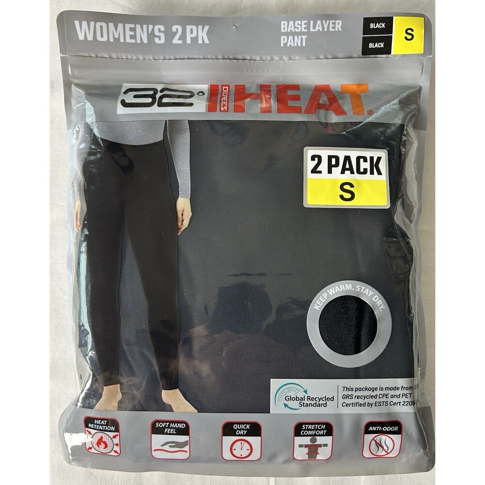 32 Degrees Heat Womens Base Layer Pants 2 Pack Small Black Thermal Leggings New